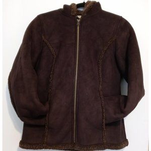 LL BEAN Women's Hooded Sherpa Lined Embroidered Suede Jacket Brown Size XS